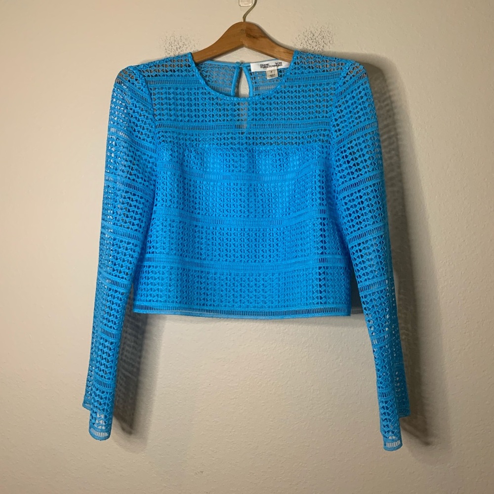 Diane Von Furstenberg Bright Turquoise Crochet Long Sleeve Top